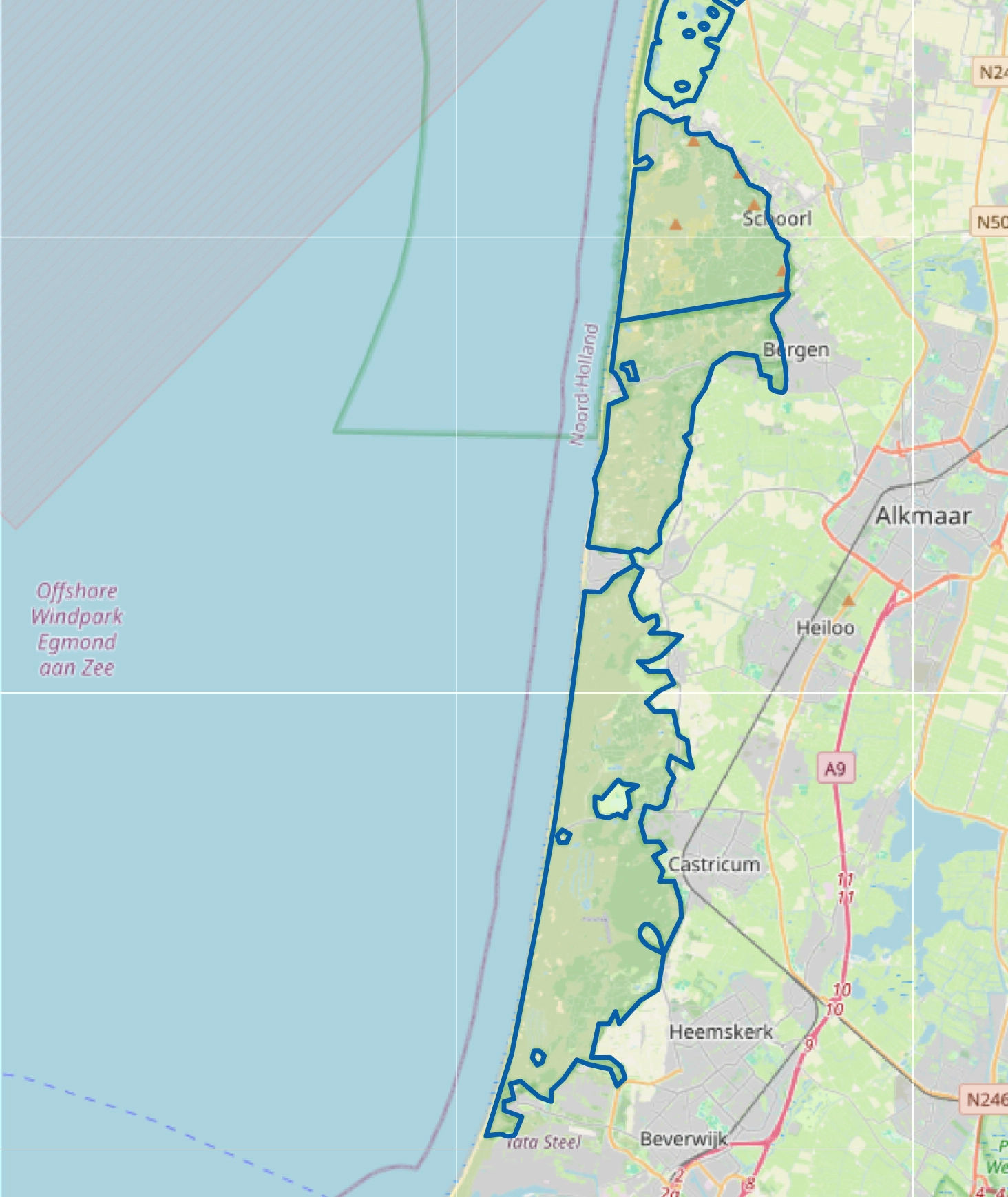 Kaart van het Noord-Hollandse duinreservaat, een gebied beheerd door PWN.